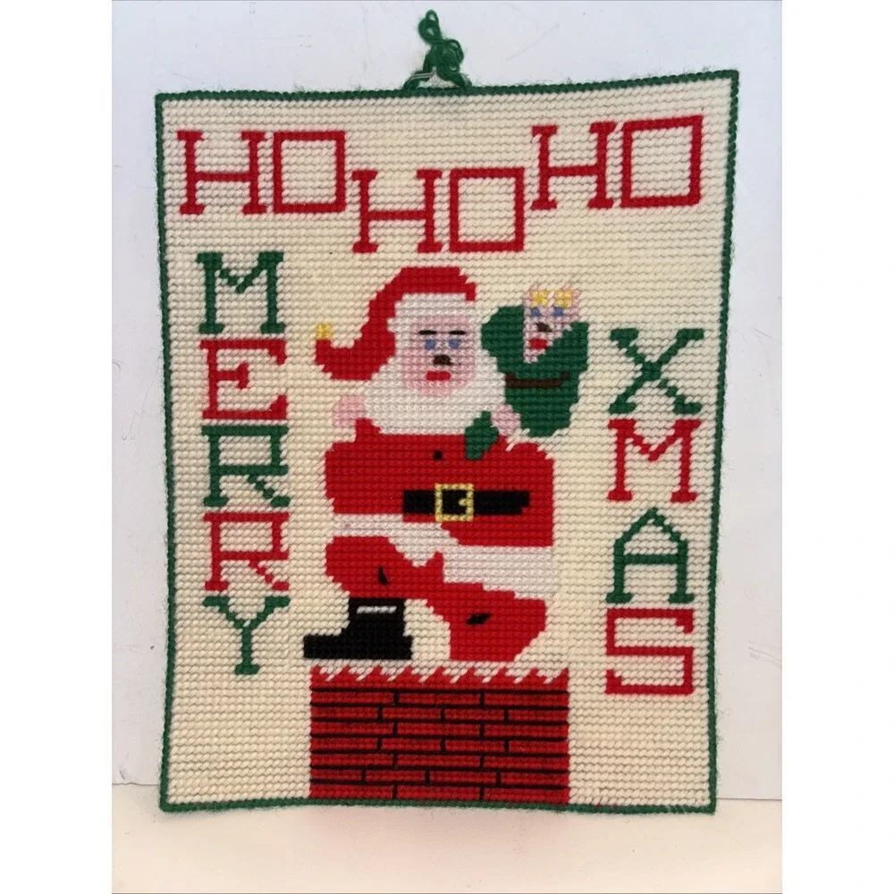 Vtg Kitschy Plastic Canvas Santa Wall Hanging Merry Xmas Ho Ho Ho Handmade 13